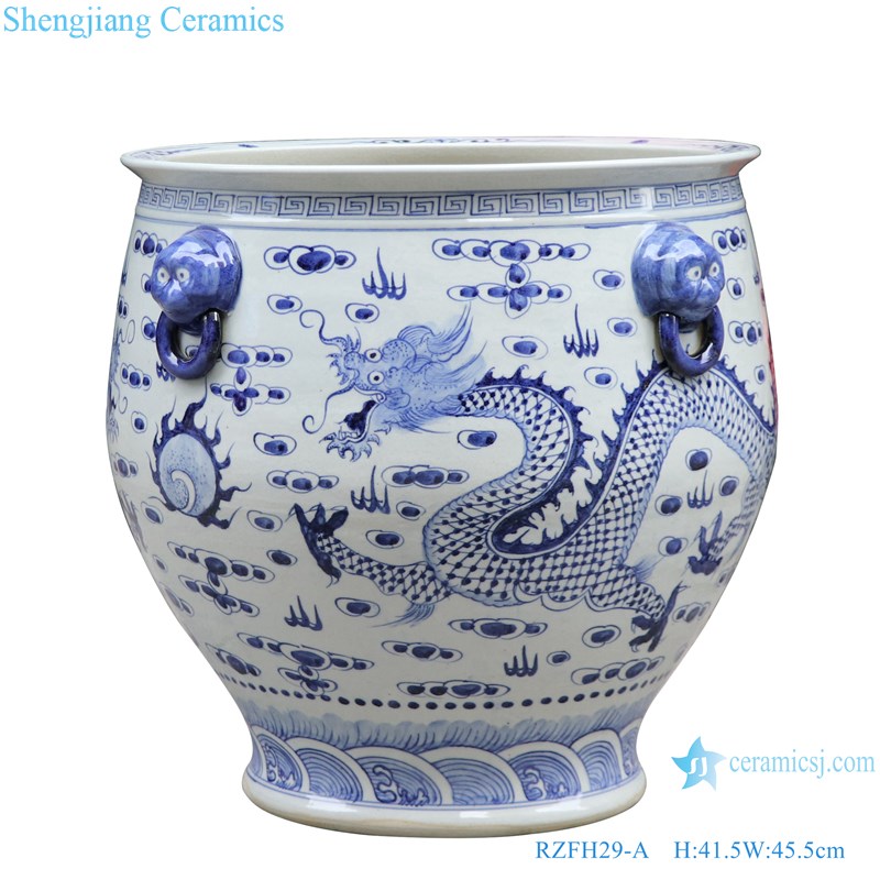 RZFH29-A Blue and white lion head double dragon play bead dragon grain big ceramic pot
