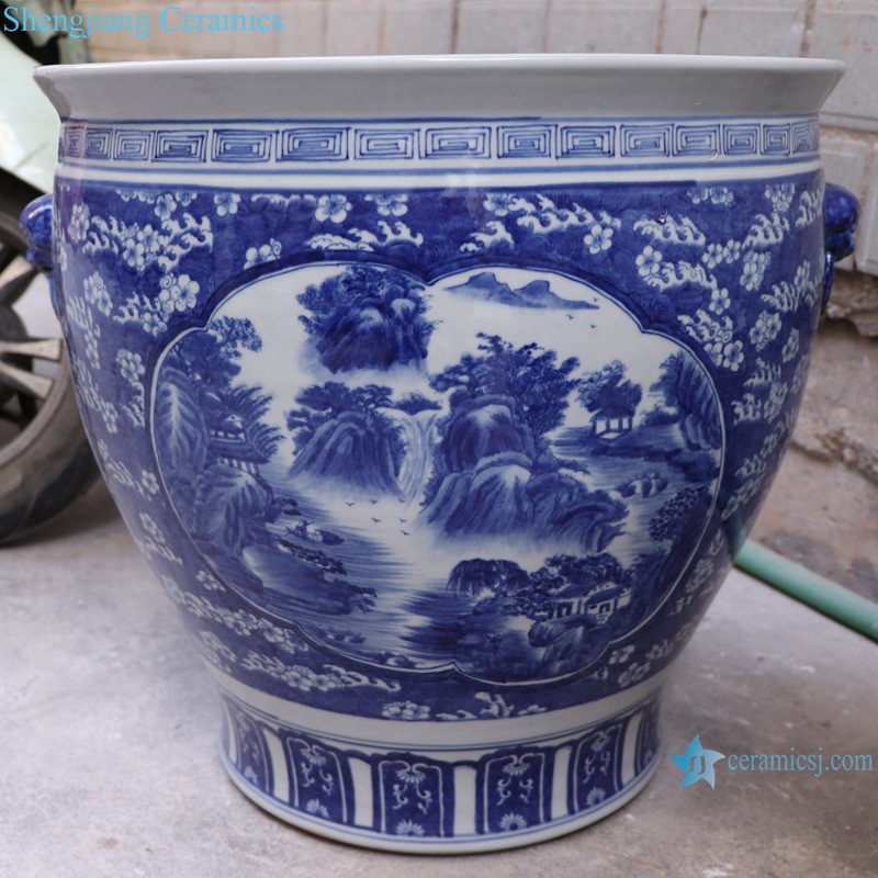 RYLU176-J Blue and white window open patten porcelain lion head trim landscape tank