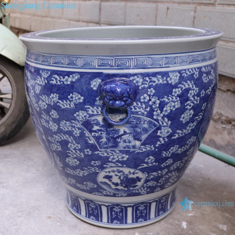 RYLU176-J Blue and white window open patten porcelain lion head trim landscape tank