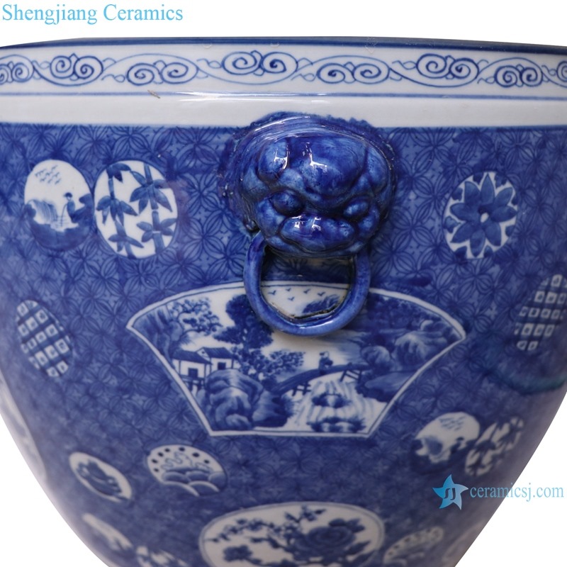 RYLU176-K Blue and white window open lion head trim flower and bird pattern big flower pot