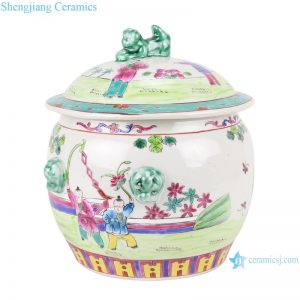 RYZG32 Jingdezhen hand painted famille rose lion head trim figure pattern porcelain jar