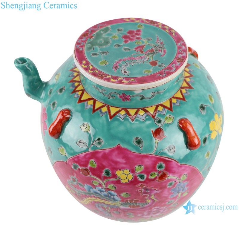Pastel enamel storage porcelain pot phoenix pattern with lid multi-color background-profile-top