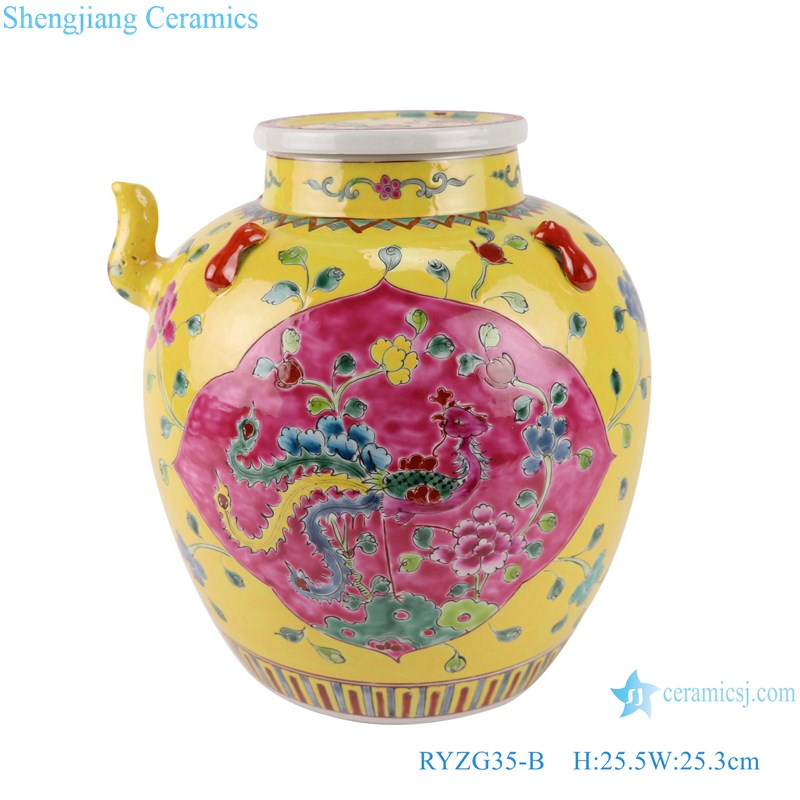 Pastel enamel storage porcelain pot phoenix pattern with lid multi-color background-the main figure