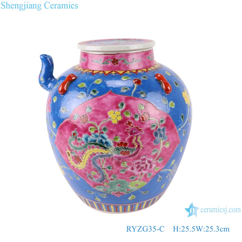 Pastel enamel storage porcelain pot phoenix pattern with lid multi-color background-The main figure