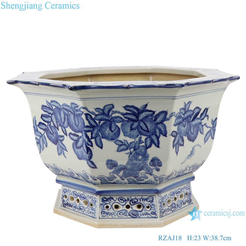 RZAJ18 Blue and white longevity immortal peach bat pattern eight-sided flower pot