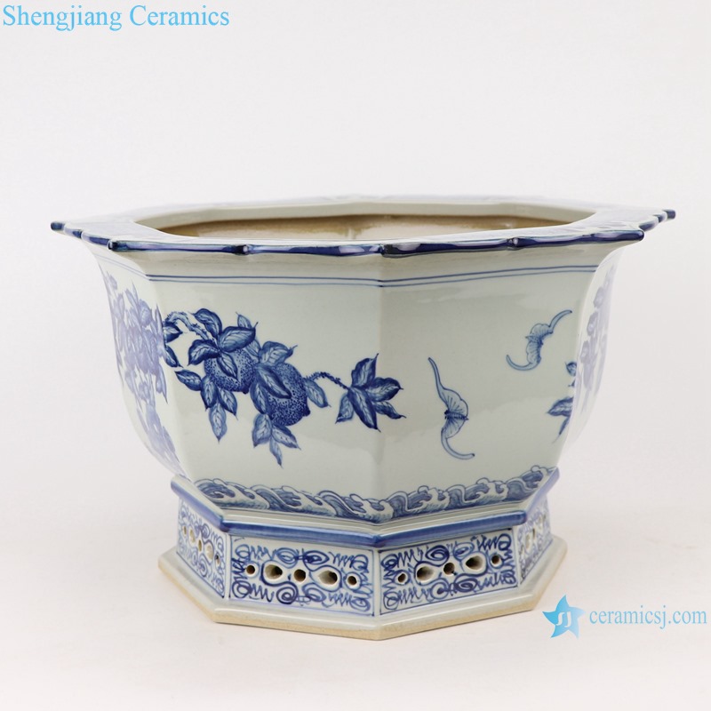RZAJ18 hand painted blue and white longevity immortal peach bat pattern eight-sided flower pot