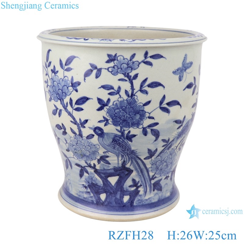 RZFH28 Blue and white flower and bird tall flower pot
