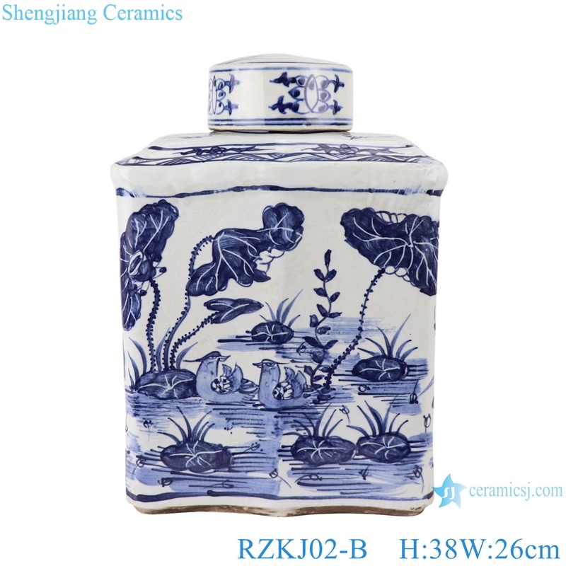 RZKJ02-B Blue and white rectangular fish and grass tea jar