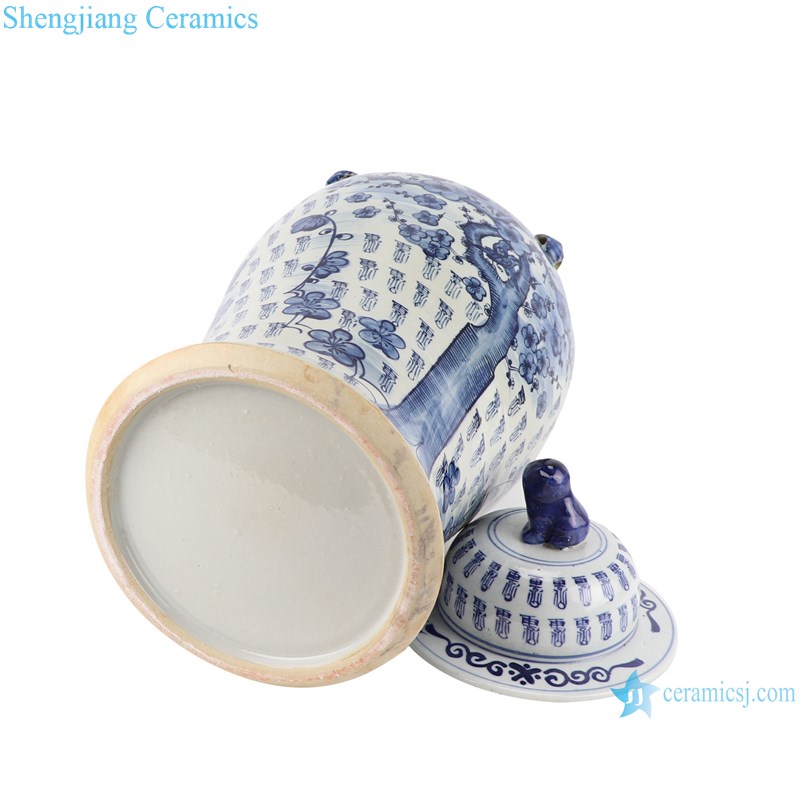 RZOT03-I Blue and white plum and longevity words pattern with lion head porcelain ginger jar-bottom view