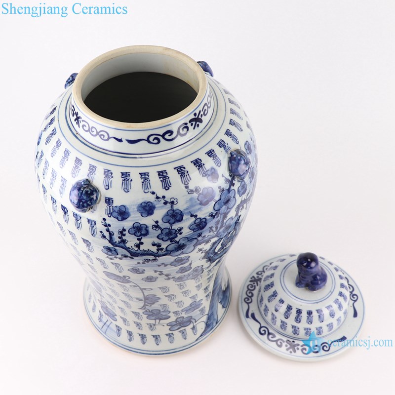 RZOT03-I Blue and white plum and longevity words pattern with lion head porcelain ginger jar-top view