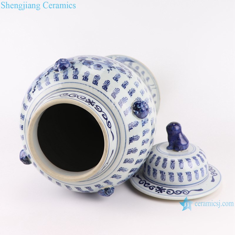 RZOT03-I Blue and white plum and longevity words pattern with lion head porcelain ginger jar-profile