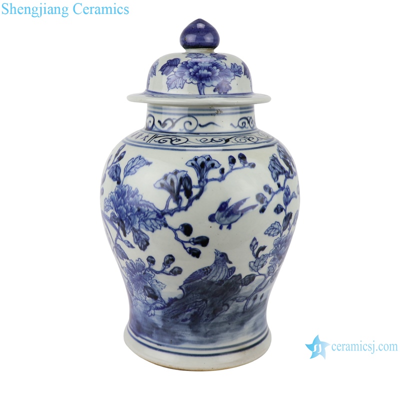 RZSC07 Jingdezhen hand painted blue and white flower and birds pattern ceramic ginger jar for home decoration