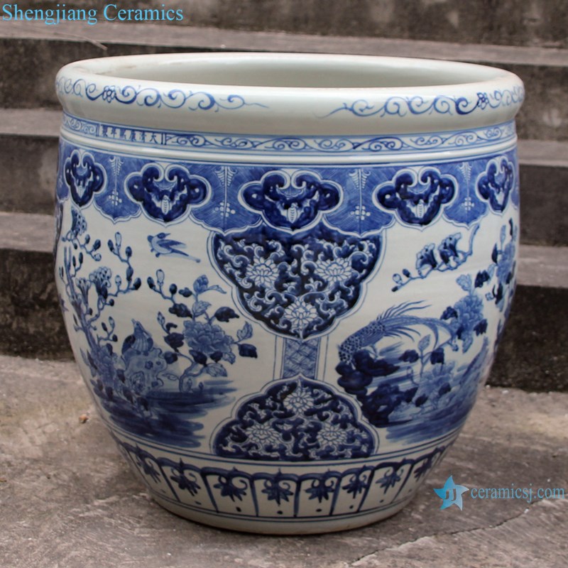 RZSC15-B Blue and white flower and bird design ceramic big pots-profile