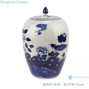 RZGC14-B Blue and white flower and bird pattern ceramic storage jar