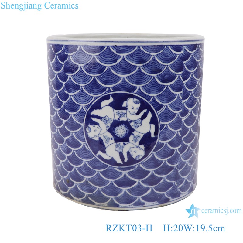 RZKT03-H Blue and white fuwa sea wave design porcelain pen holder