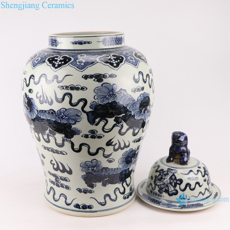 RZMA19-D_Qing Dynasty people kiln pure handmade blue and white double dragon ceramic jars with lids porcelain