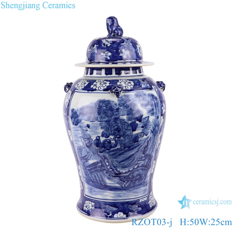 RZOT03-j Blue and white lion head phoenix porcelain ginger jar with lid