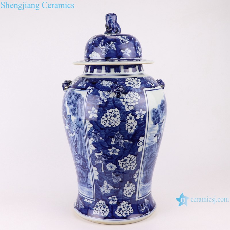 RZOT03-j Blue and white lion head phoenix porcelain ginger jar with lid