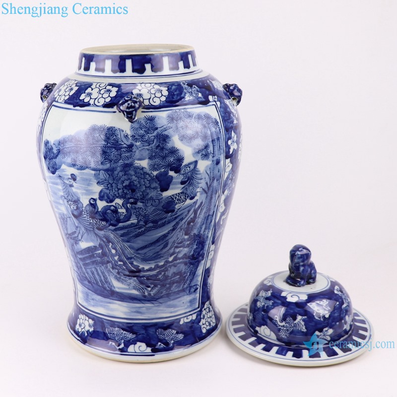 RZOT03-j Blue and white lion head phoenix porcelain ginger jar with lid 