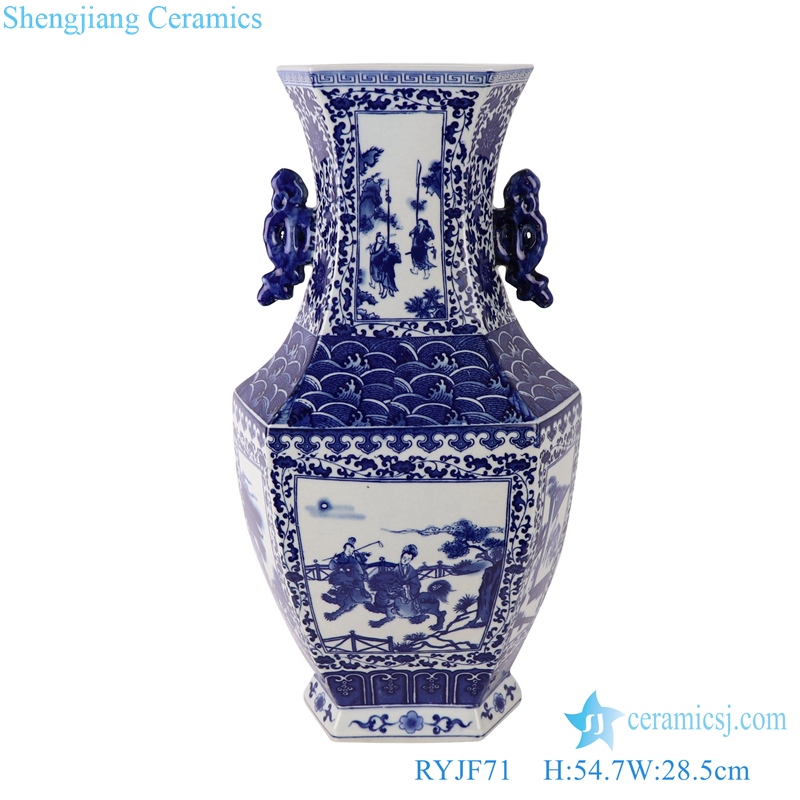 Blue and white two-aural figure porcelain vase with six sides