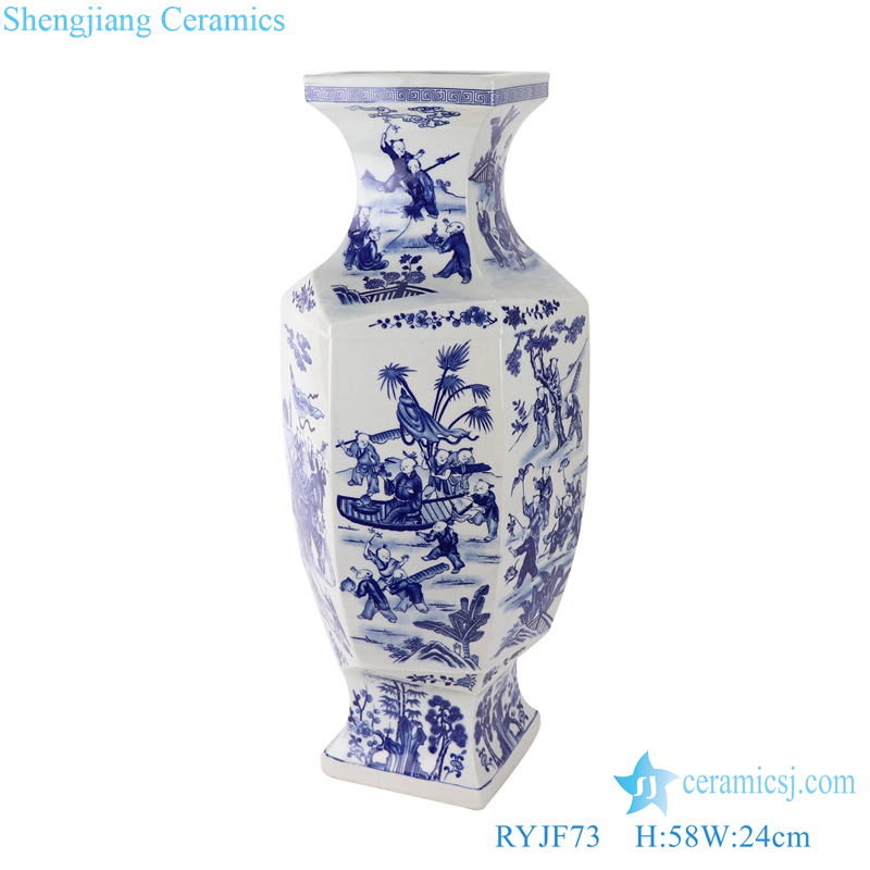 Blue and white figure children playing six-sided profiled vase