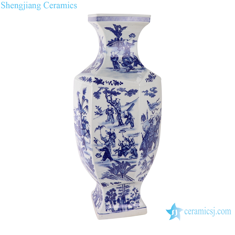 Blue and white figure children playing six-sided profiled vase