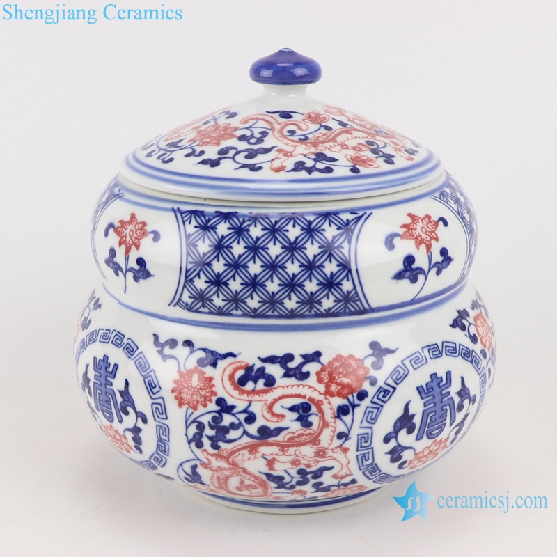 RZBO11 Blue and white twig shou word grain tea canister storage tank