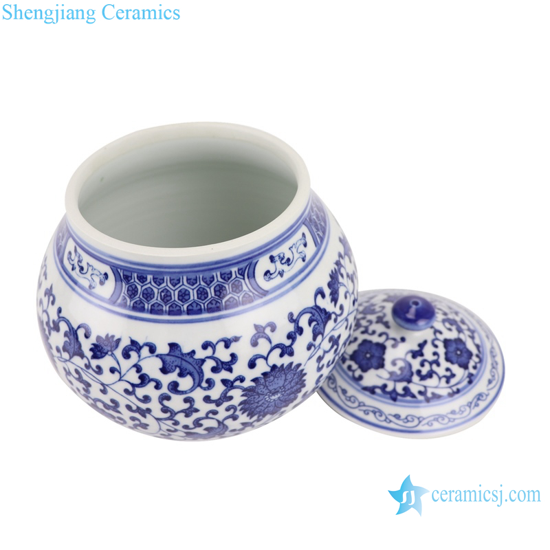 RZBO16 Blue and white tangle branch lotus storage pot tea pot