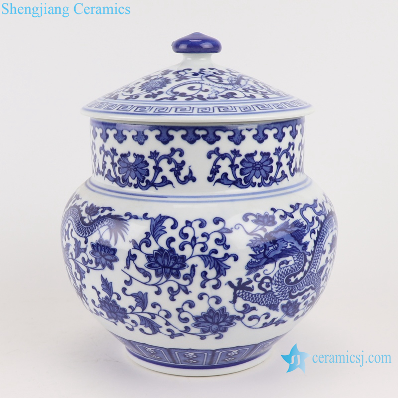 RZBO18 Blue and white lotus dragon pattern tea canister storage with lid