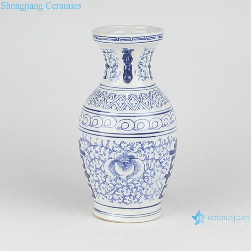 RZKT39 Blue and white twined double ear ceramic vase with happy character pattern