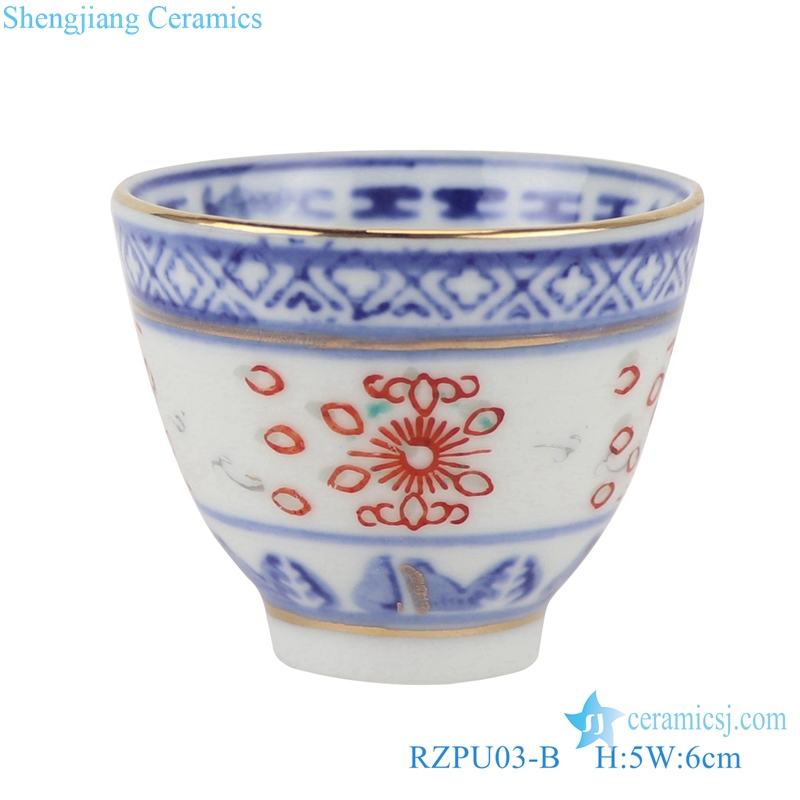 RZPU03-B Blue and white glaze red gold dragon pattern thick tea cup with color painting