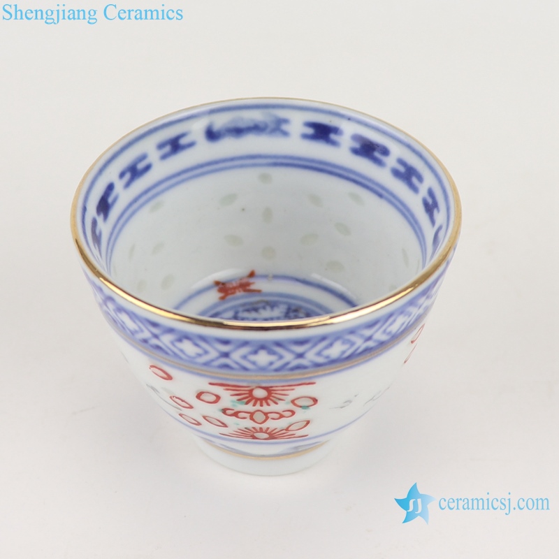 RZPU03-B Blue and white glaze red gold dragon pattern thick tea cup with color painting