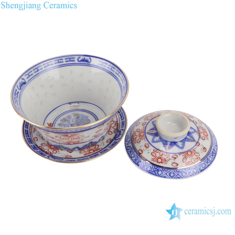 Blue and white with color painting gold dragon pattern three to cover bowl tea bowl