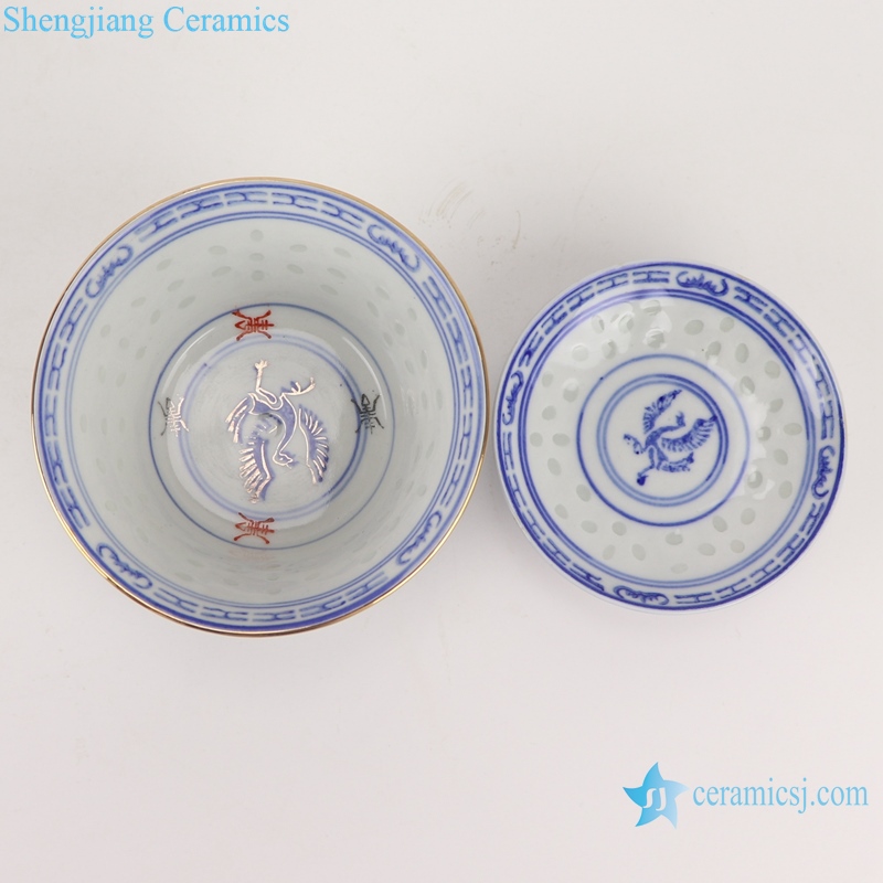 Blue and white with color painting gold crane pattern three to cover bowl tea bowl