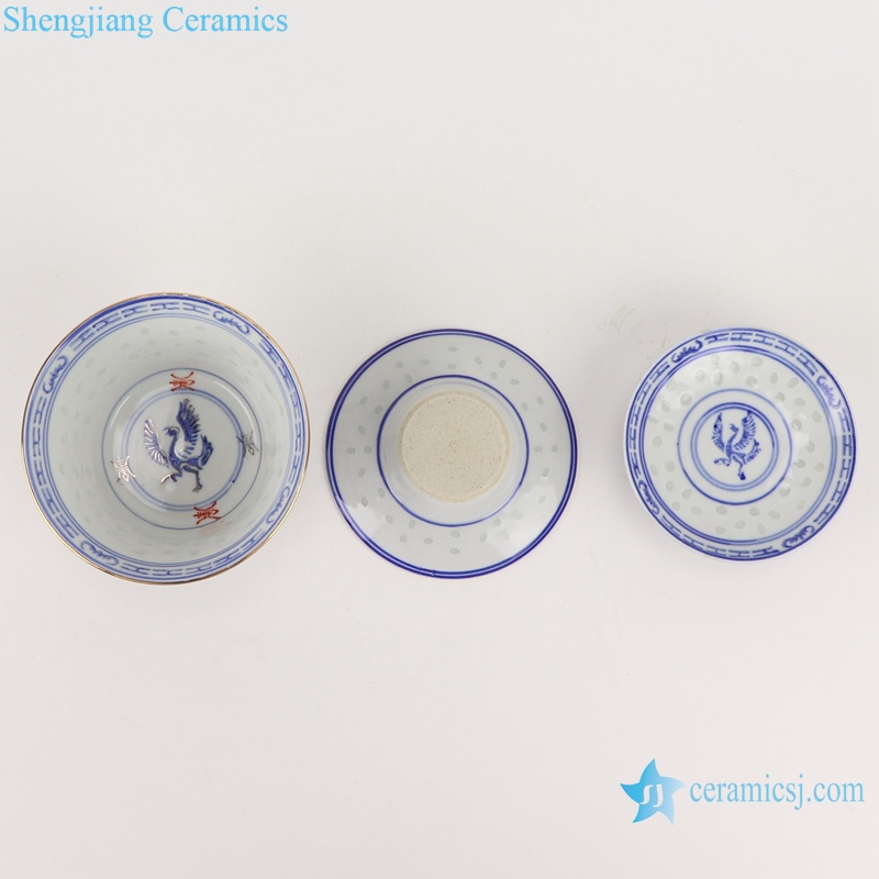 Blue and white with color painting gold crane pattern three to cover bowl tea bowl