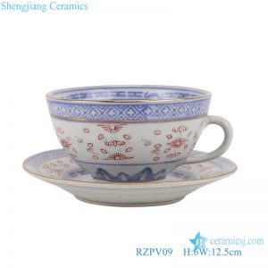 RZPV09 Blue and white old exquisite gold dragon print ceramic coffee cup and saucer set