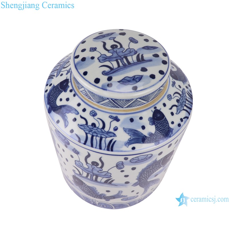 RZSI07 Blue and white fish algaea grain lotus tea pot storage pot
