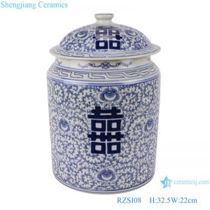 RZSI08 Blue and white twining branches happy word grain cover pot storage pot tea pot