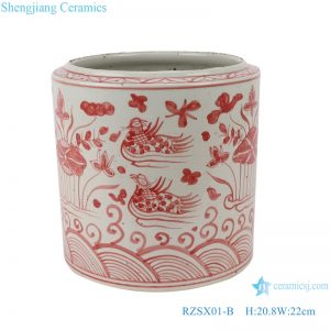 RZSX01-B Alum red lotus mandarin duck playing water pattern ceramic pen holder