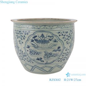 RZSX02 Blue and white twig lotus lotus mandarin duck playing water grain small pot
