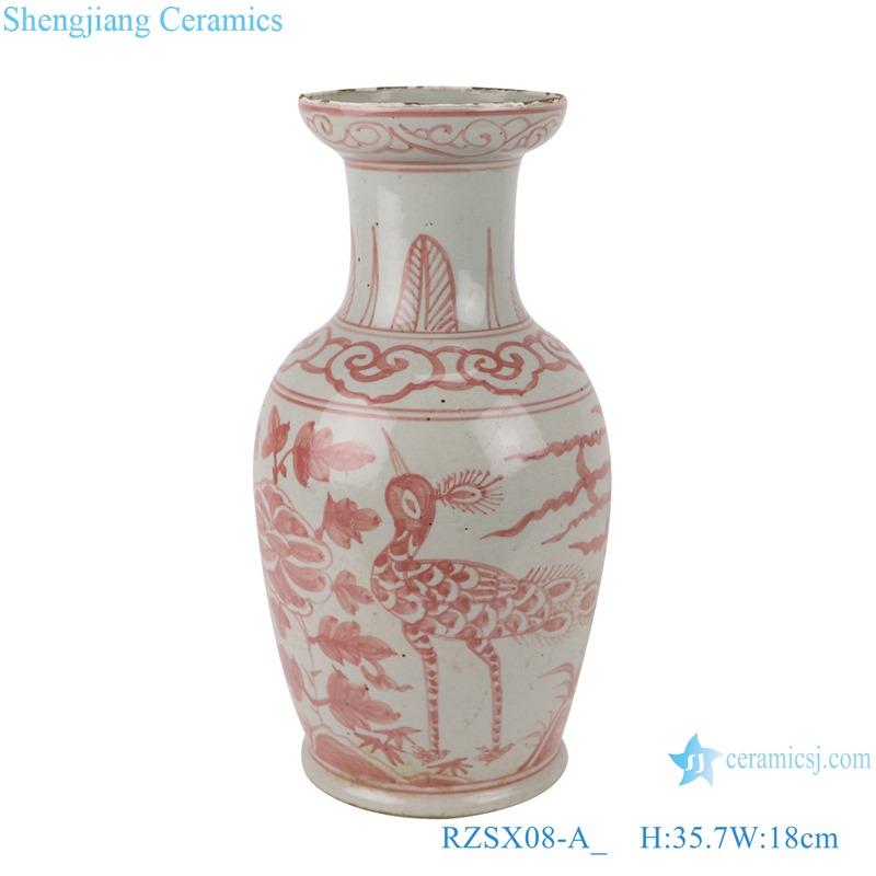 RZSX08-A Antique alum red flower and bird short fishtail ceramic vase 