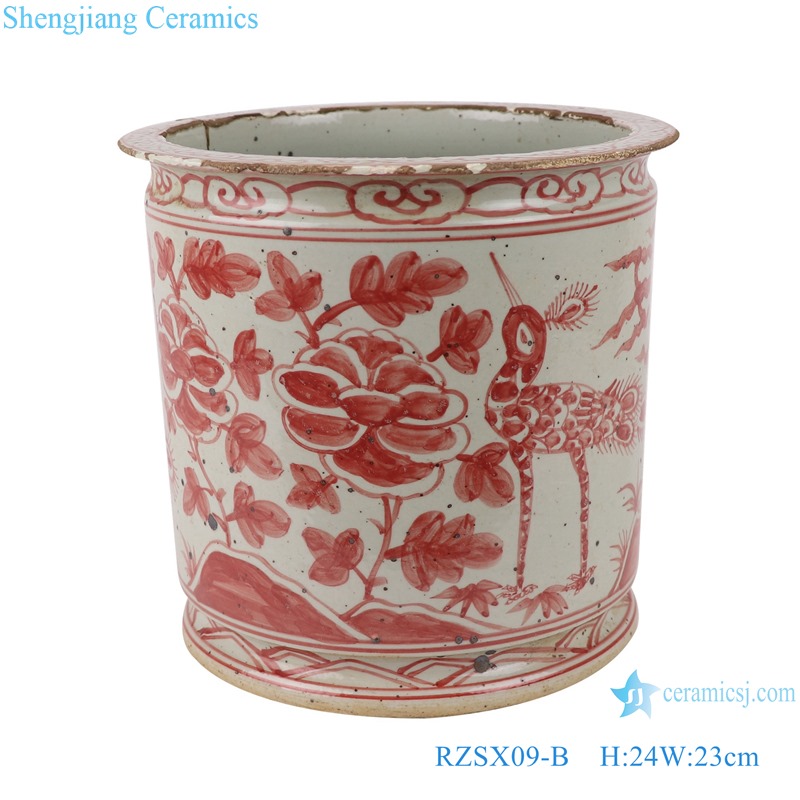 RZSX09-B Antique alum red flower and bird ceramic pen holder incense burner