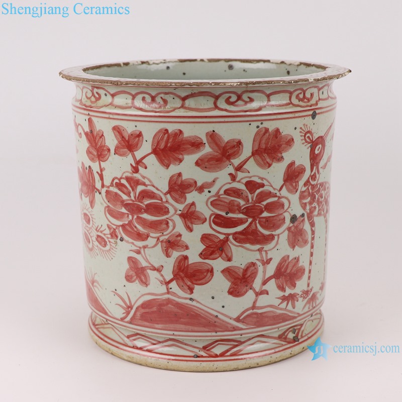 RZSX09-B Antique alum red flower and bird ceramic pen holder incense burner