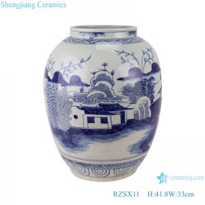RZSX11 Antique blue and white landscape vase storage pot