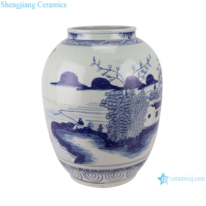 RZSX11 Antique blue and white landscape vase storage pot