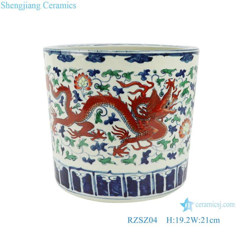 RZSZ04 Blue and white fighting glaze red wrapped branch dragon pattern pen holder