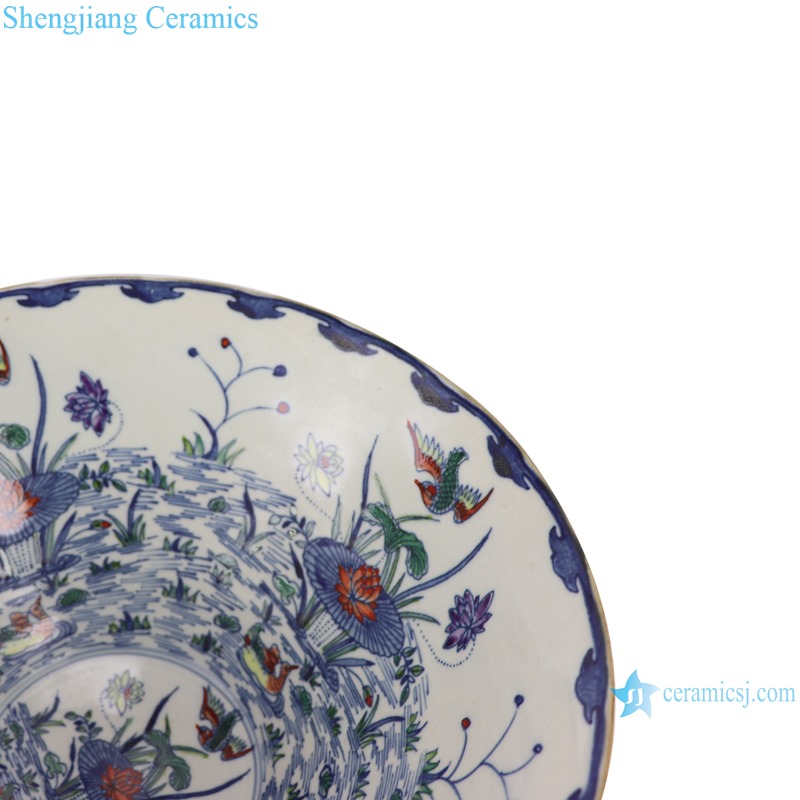 Blue and white bucket color lotus mandarin duck playing water flower bird pattern bowl