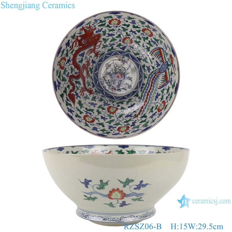 Blue and white bucket colored glaze winding branches dragon and phoenix auspicious bowl