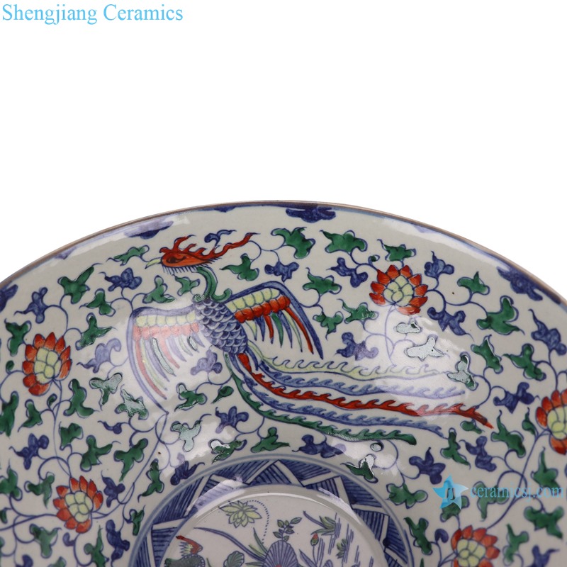 Blue and white bucket colored glaze winding branches dragon and phoenix auspicious bowl