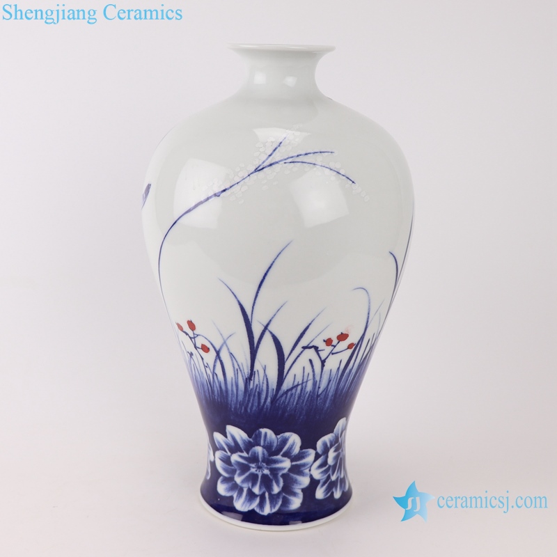 RZTE03 Blue and white glaze red bird peony pattern plum vase